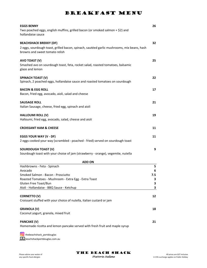 Menu, The Beach Shack Trattoria Italiana