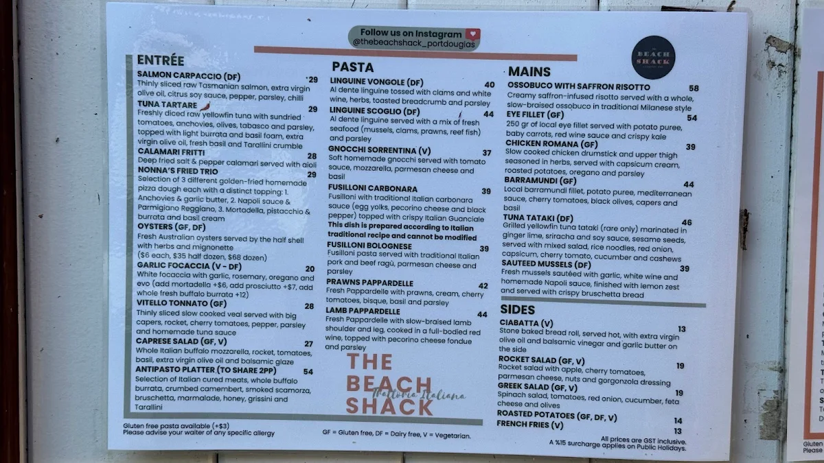 Menu, The Beach Shack Trattoria Italiana