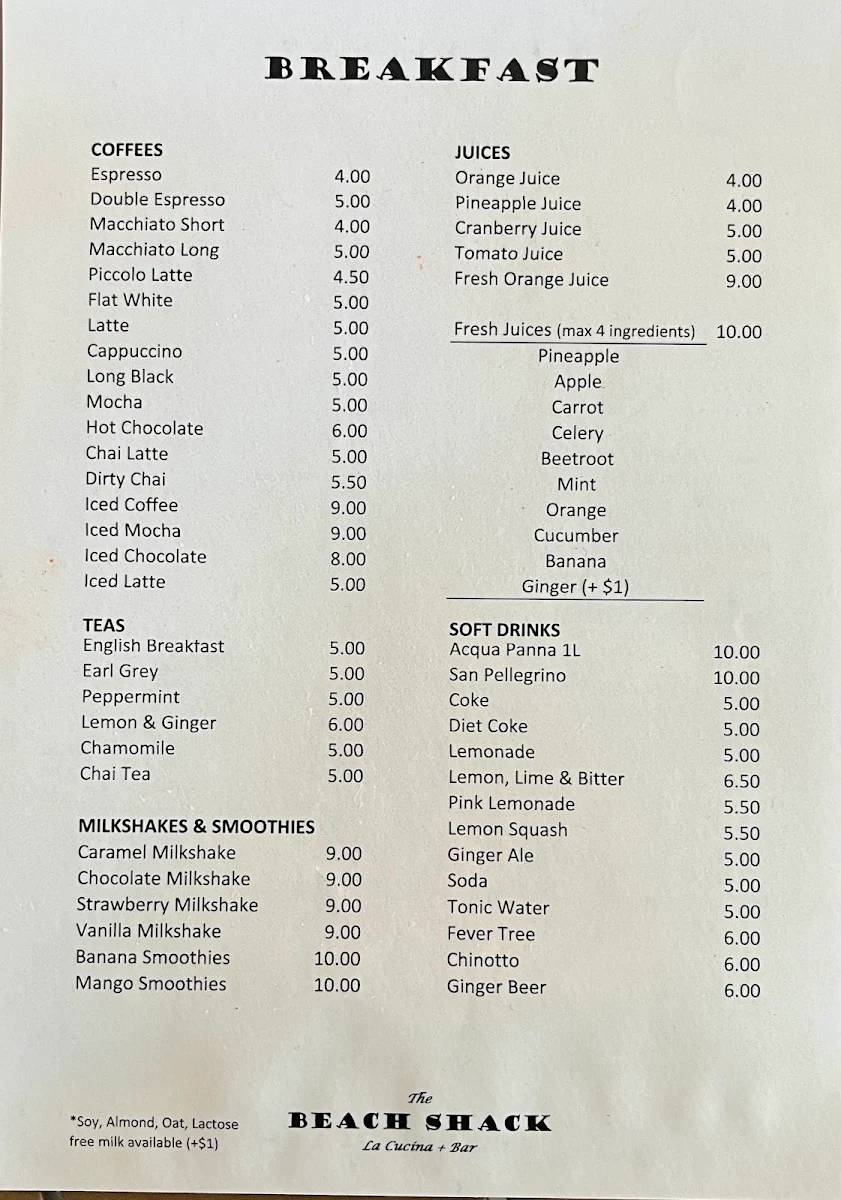 Menu, The Beach Shack Trattoria Italiana