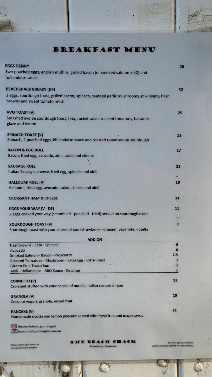 Menu, The Beach Shack Trattoria Italiana
