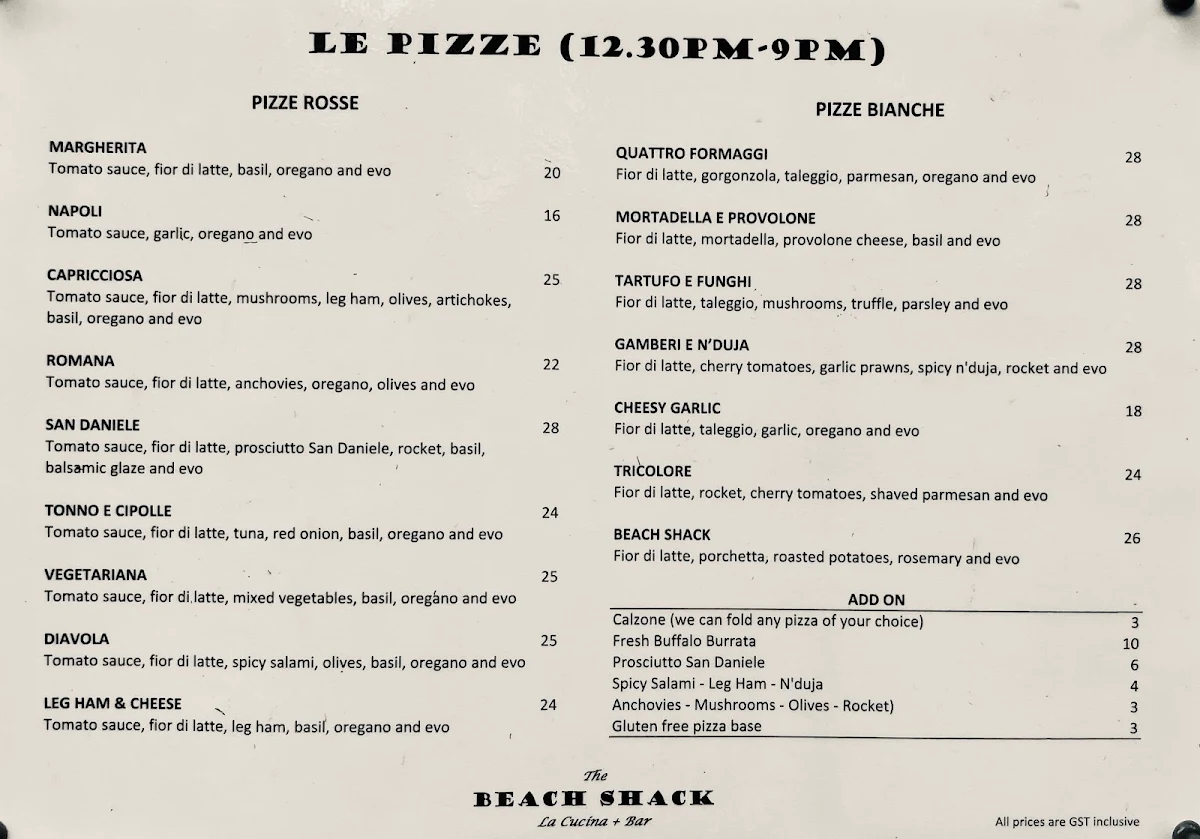 Menu, The Beach Shack Trattoria Italiana