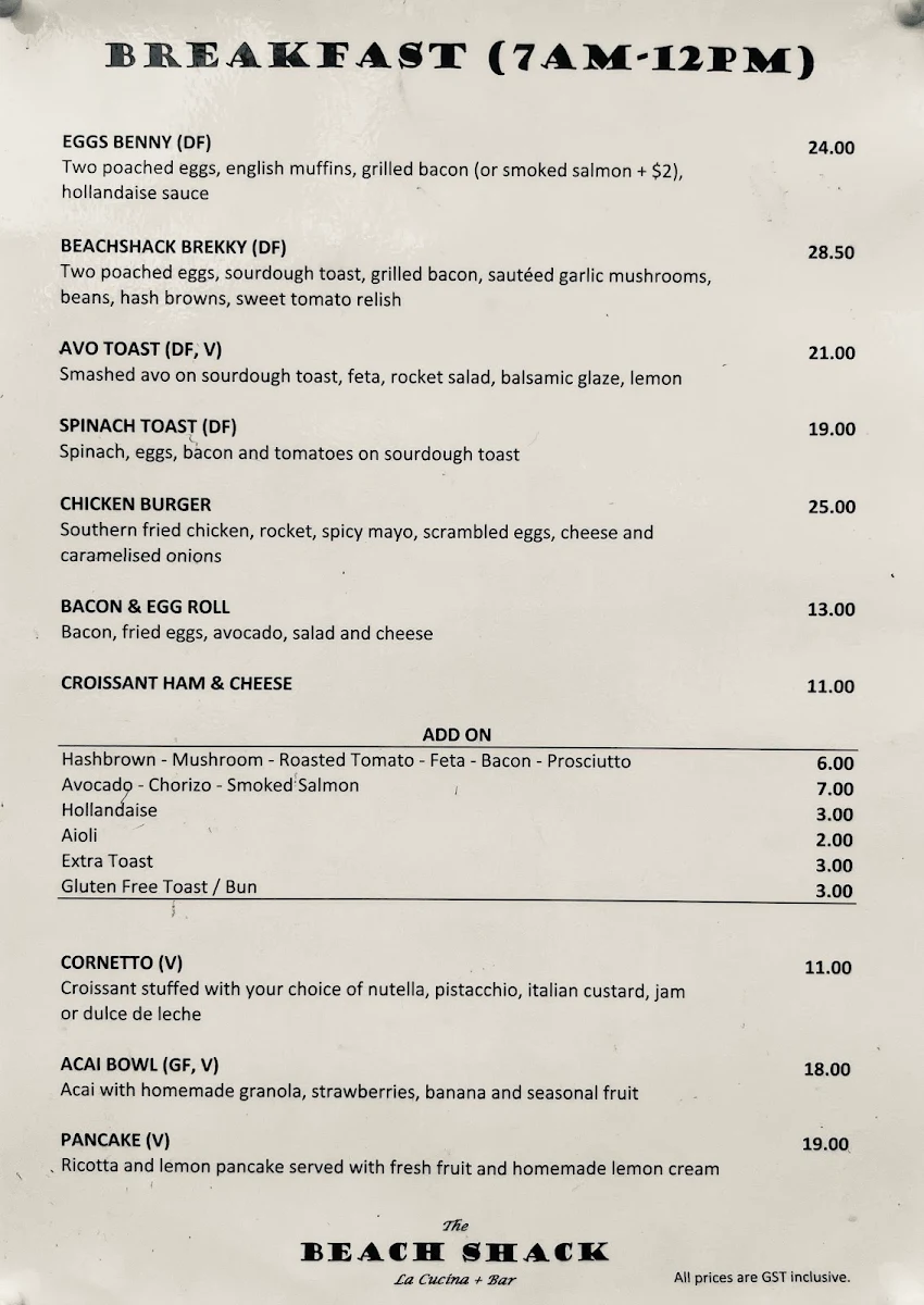 Menu, The Beach Shack Trattoria Italiana