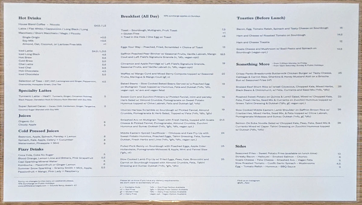 Menu, Left Field Cafe Carnegie