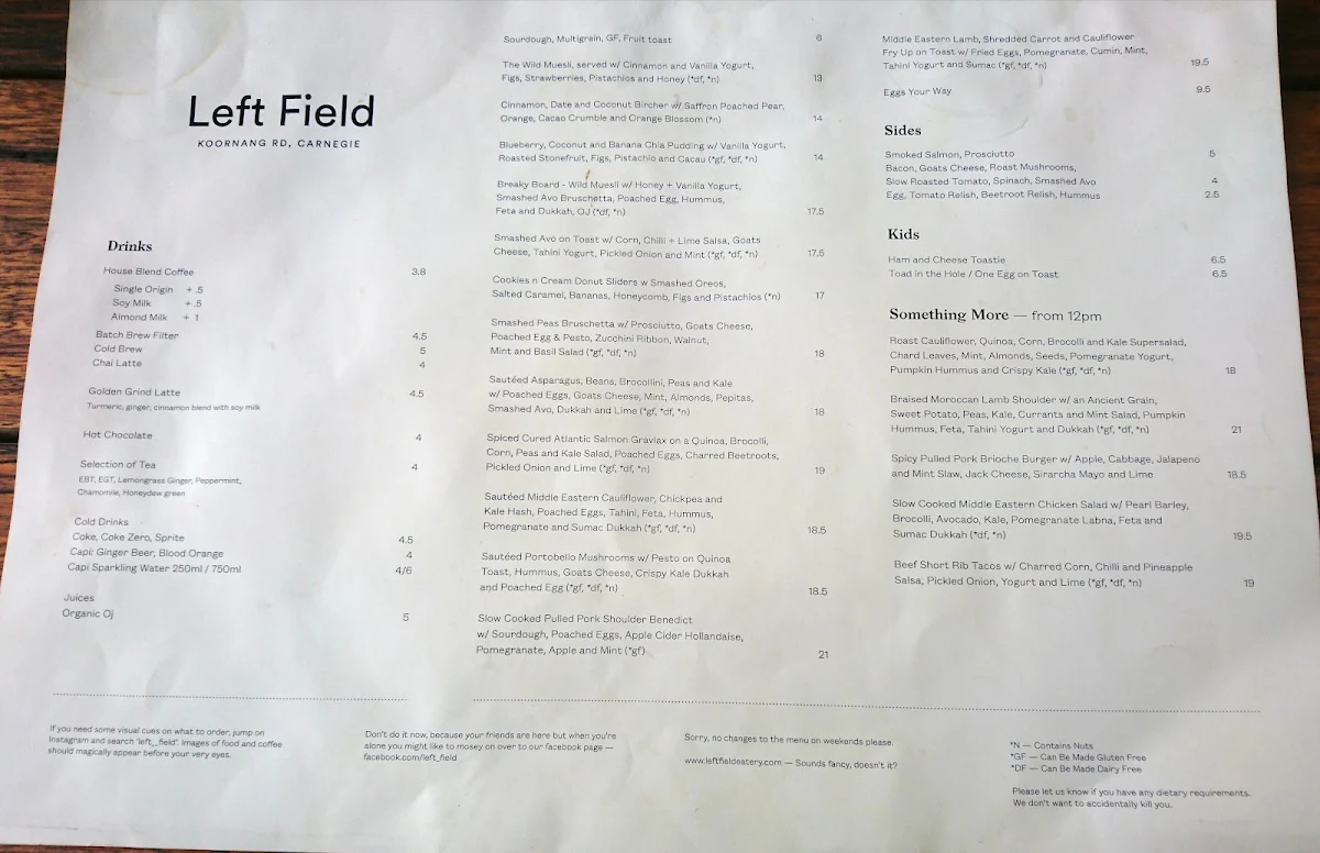 Menu, Left Field Cafe Carnegie