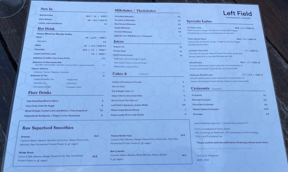 Menu, Left Field Cafe Carnegie