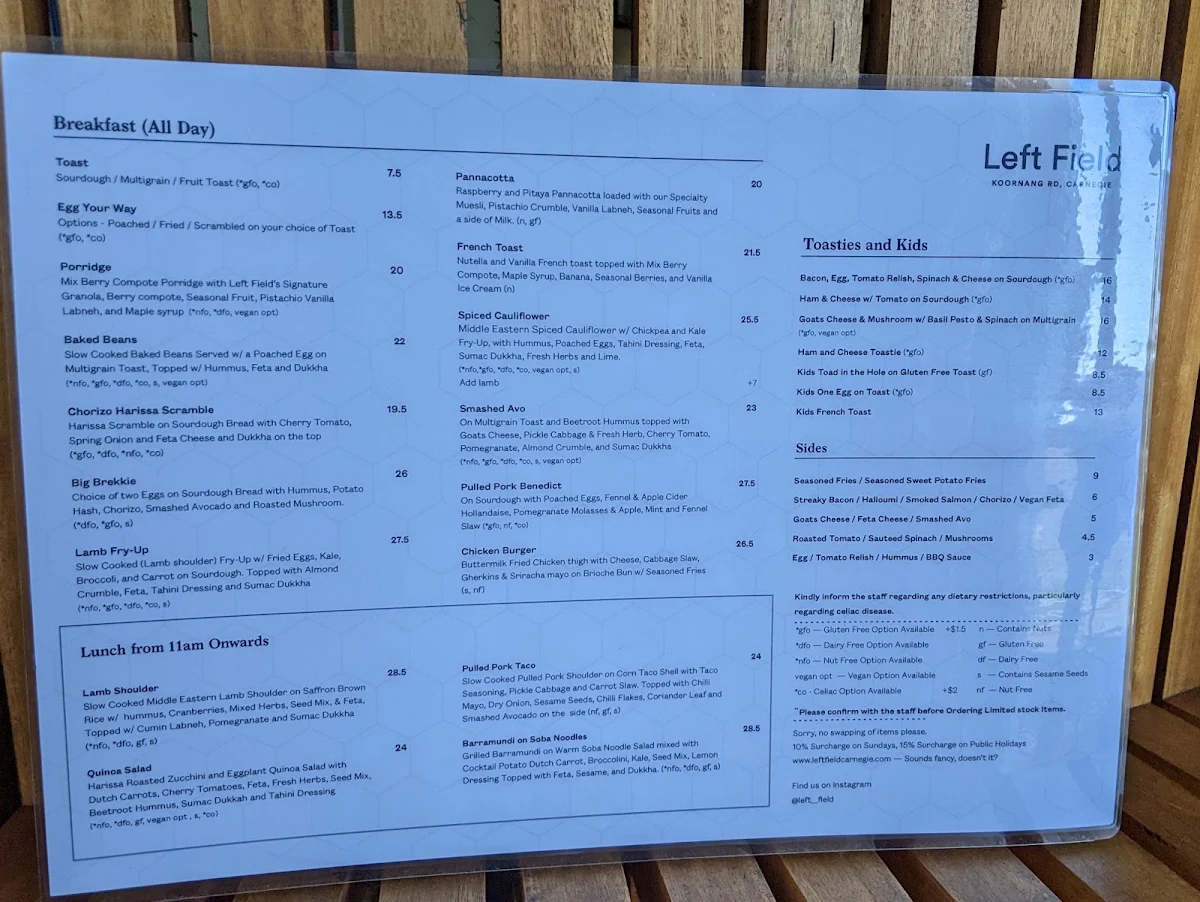 Menu, Left Field Cafe Carnegie