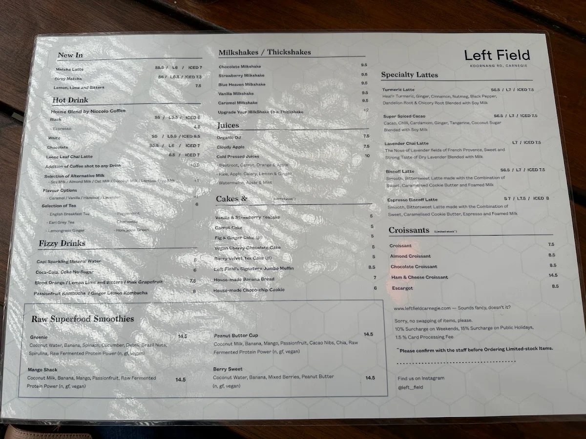 Menu, Left Field Cafe Carnegie