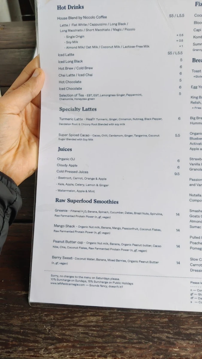 Menu, Left Field Cafe Carnegie