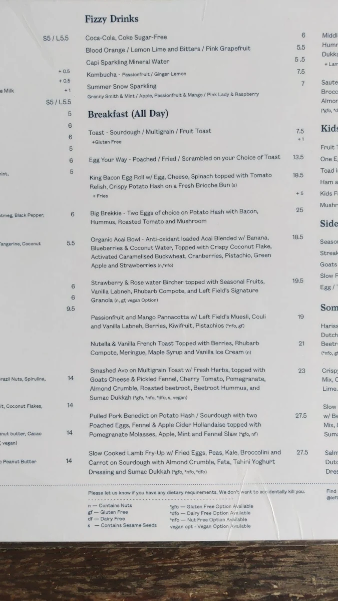 Menu, Left Field Cafe Carnegie
