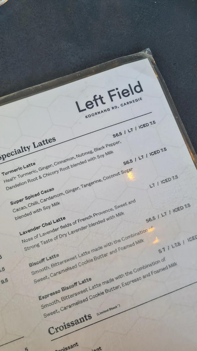 Menu, Left Field Cafe Carnegie