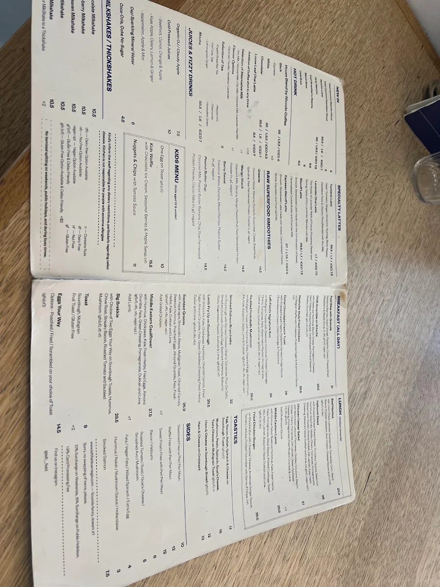 Menu, Left Field Cafe Carnegie