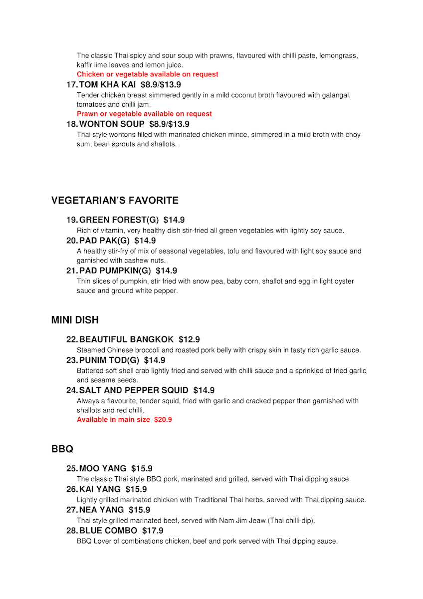Menu, Blue Buddha Thai Kitchen