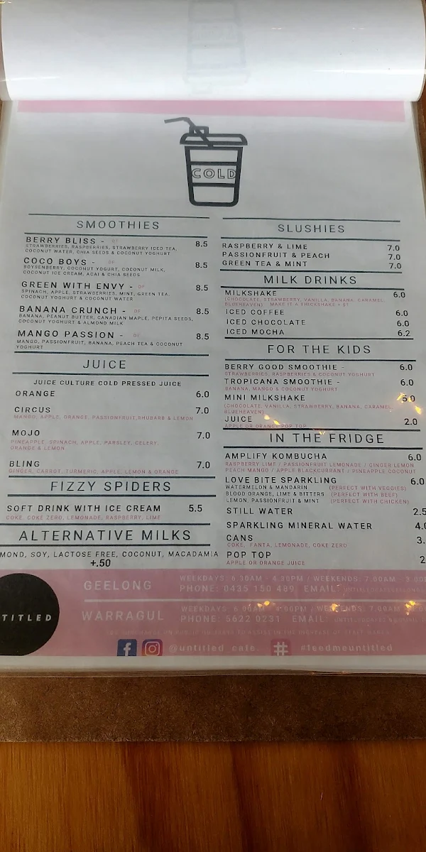Menu, Untitled Cafe - South Geelong