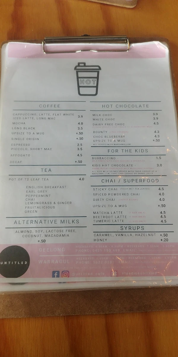 Menu, Untitled Cafe - South Geelong