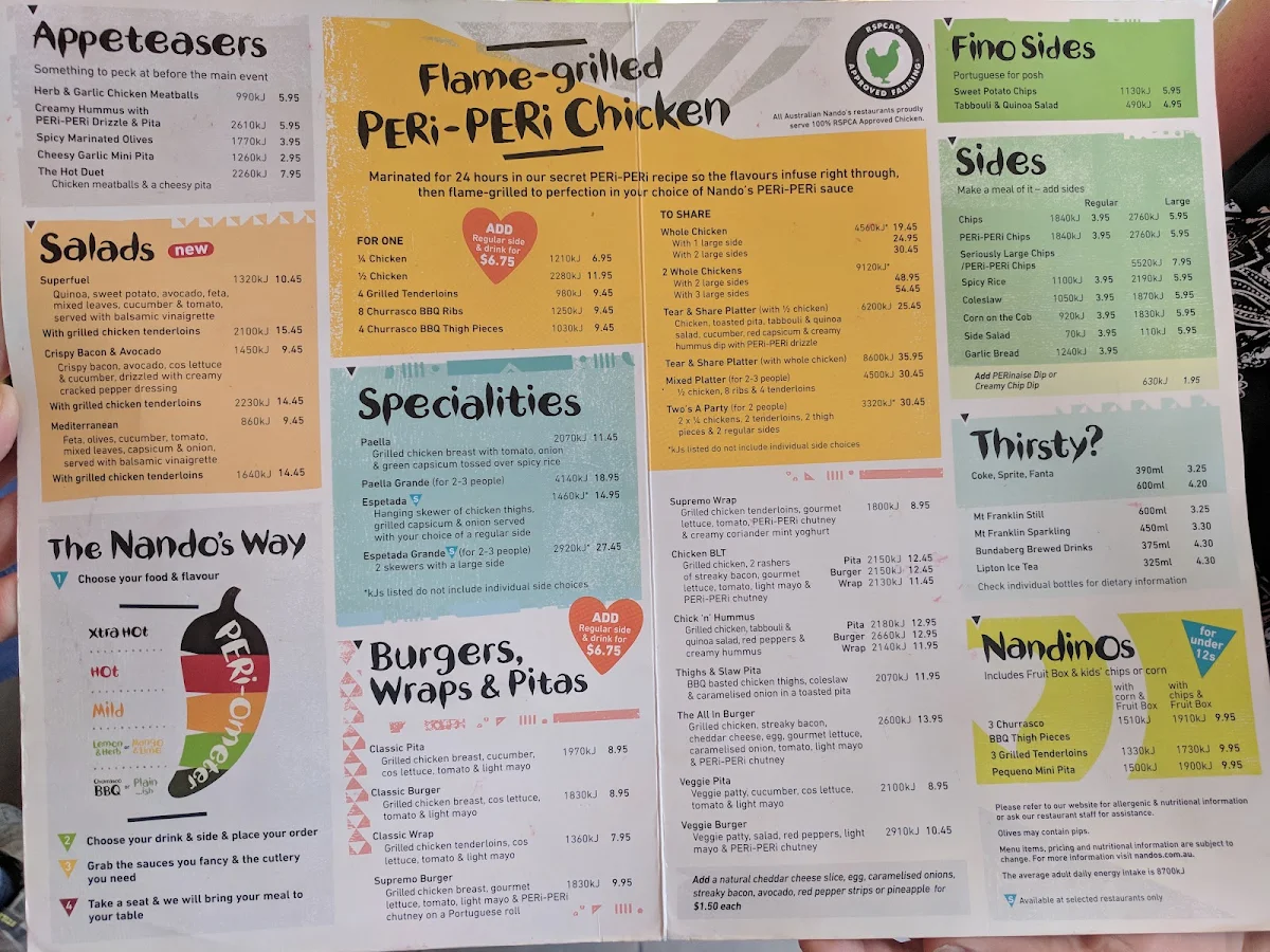 Menu, Nando's Waterfront City