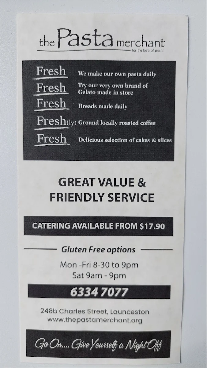 Menu, The Pasta Merchant