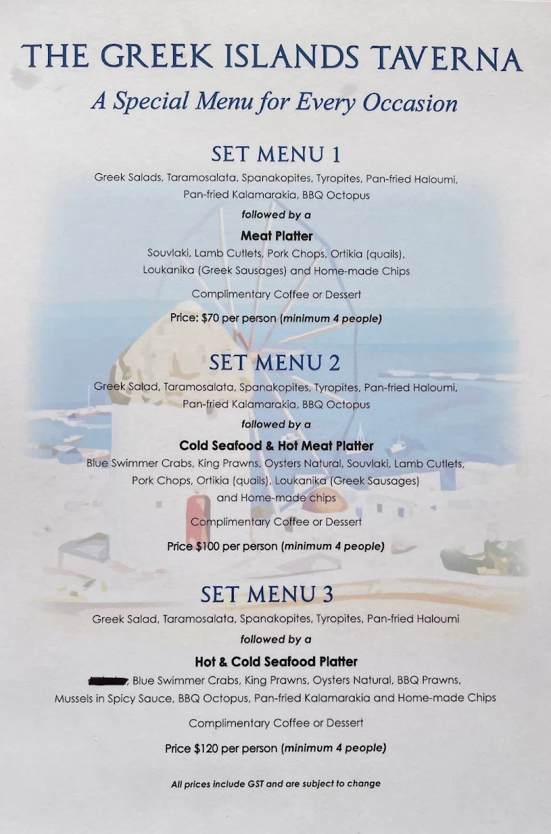 Menu, The Greek Islands Taverna