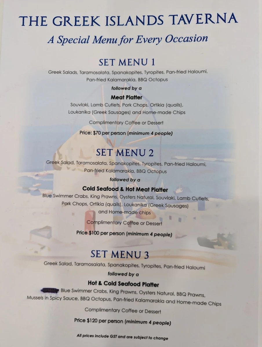 Menu, The Greek Islands Taverna