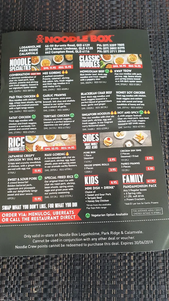 Menu, Noodle Box Knox