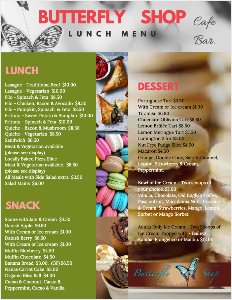 Menu, The Butterfly Shop