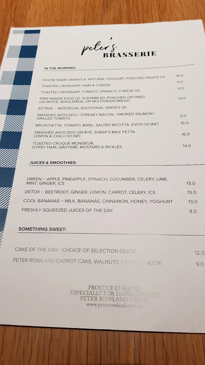 Menu, Peter's Brasserie