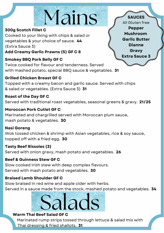 Menu, Shepparton Club
