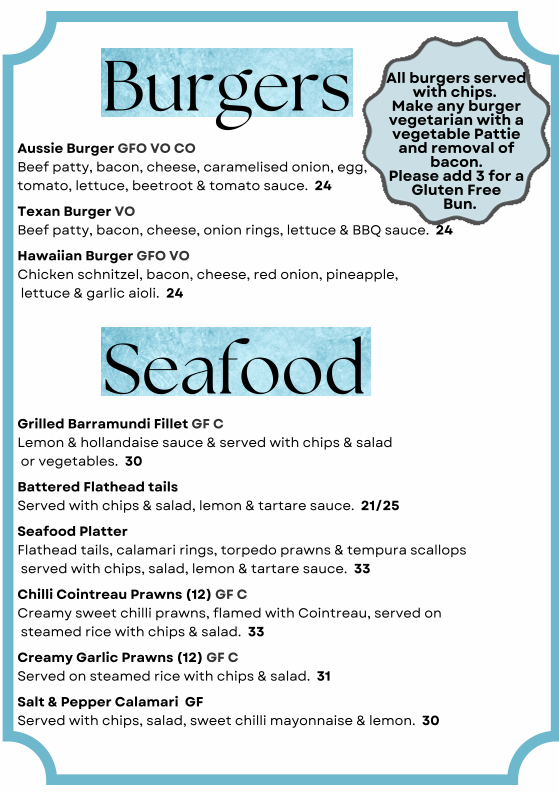 Menu, Shepparton Club