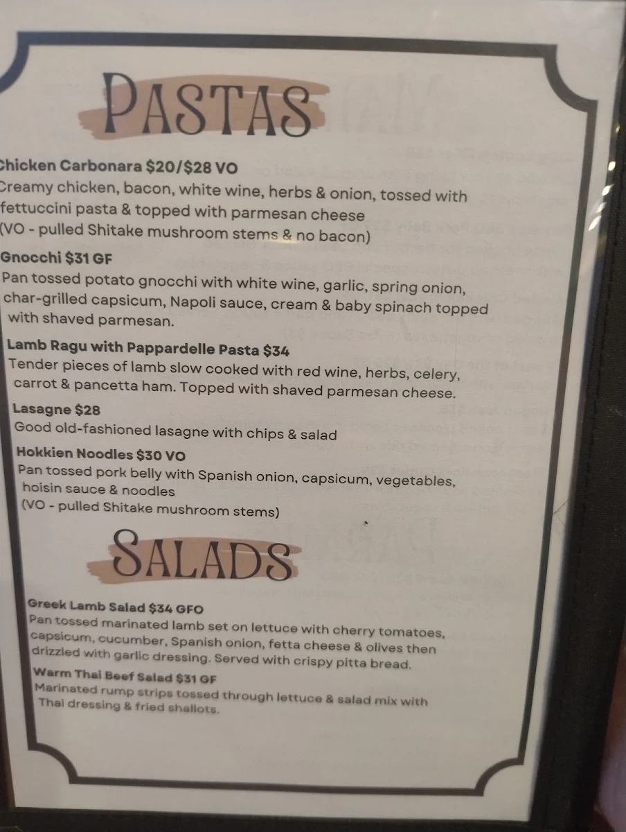 Menu, Shepparton Club