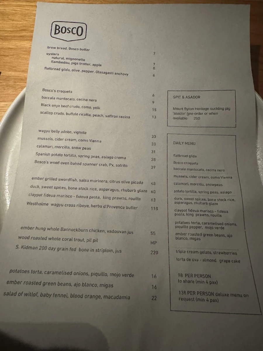 Menu, Bosco Wine Grill