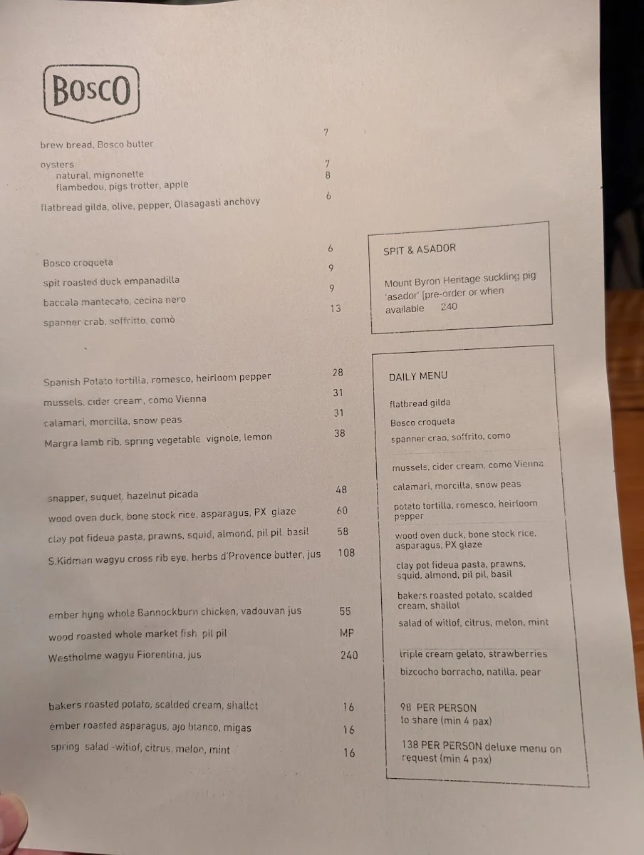 Menu, Bosco Wine Grill