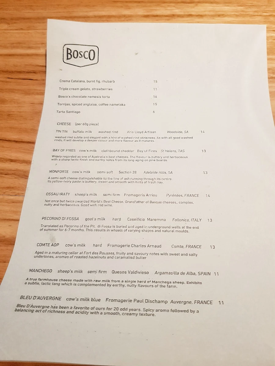Menu, Bosco Wine Grill