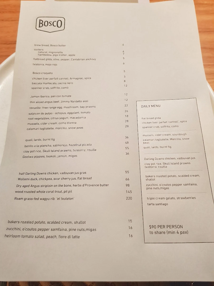 Menu, Bosco Wine Grill