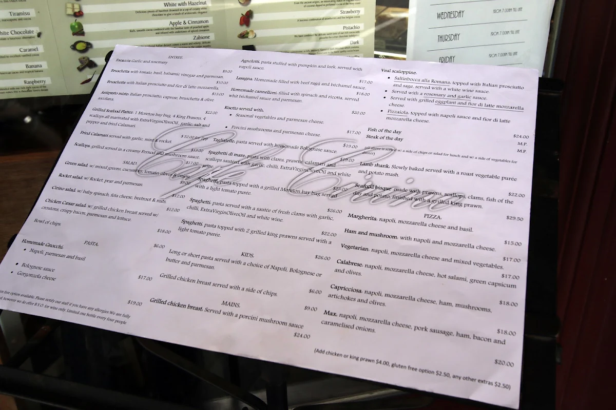 Menu, Cafe Cirino