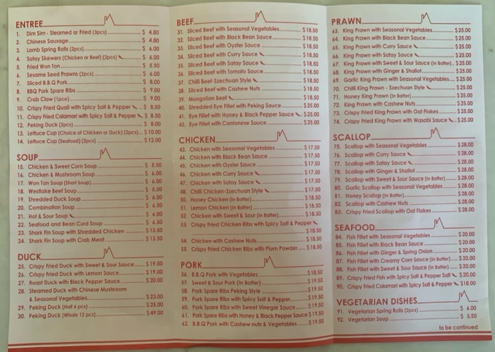 Menu, Red House Asian Kitchen