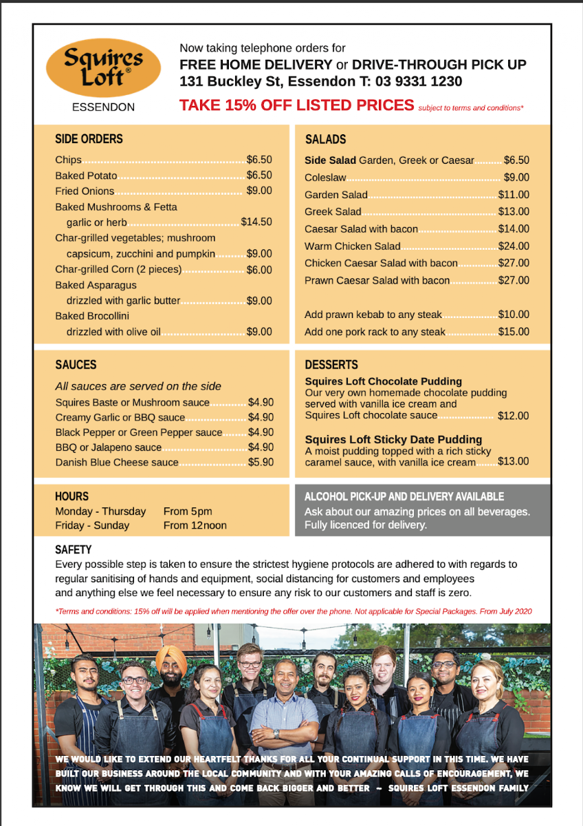 Menu, Squires Loft Essendon