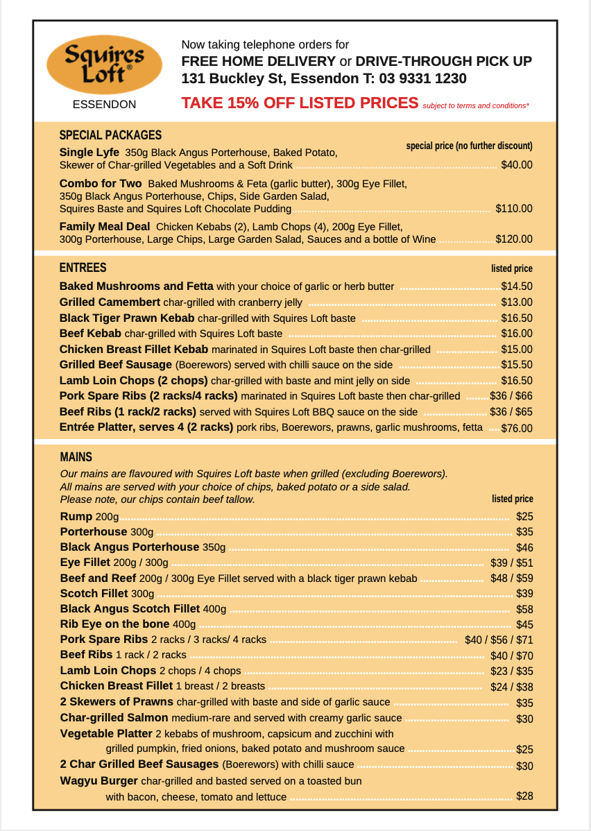 Menu, Squires Loft Essendon