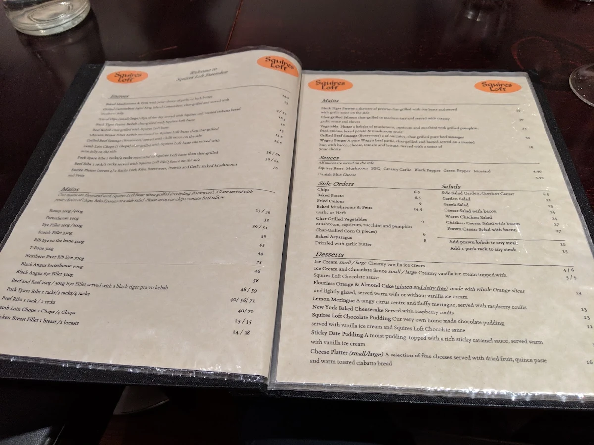 Menu, Squires Loft Essendon