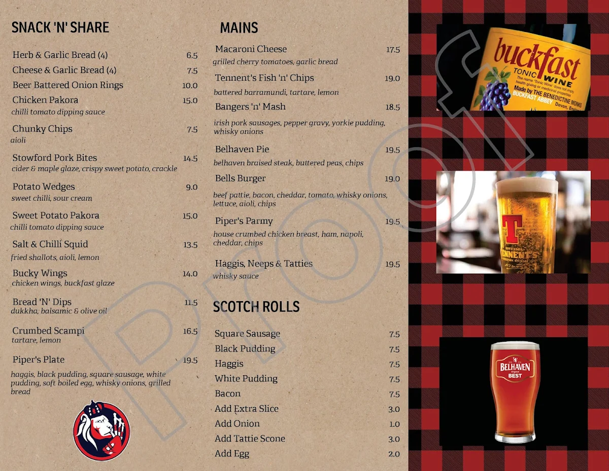 Menu, The Pipers Inn