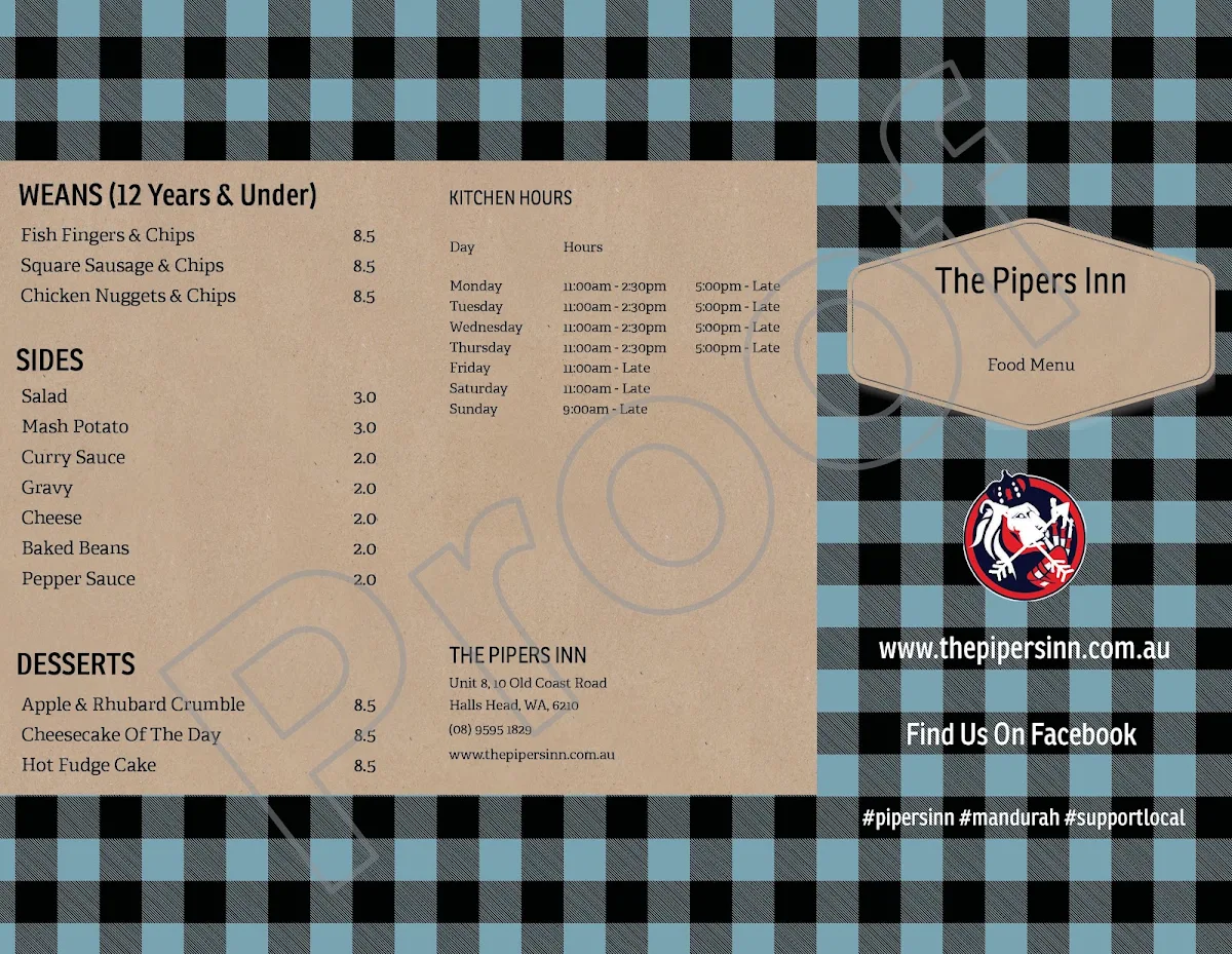 Menu, The Pipers Inn