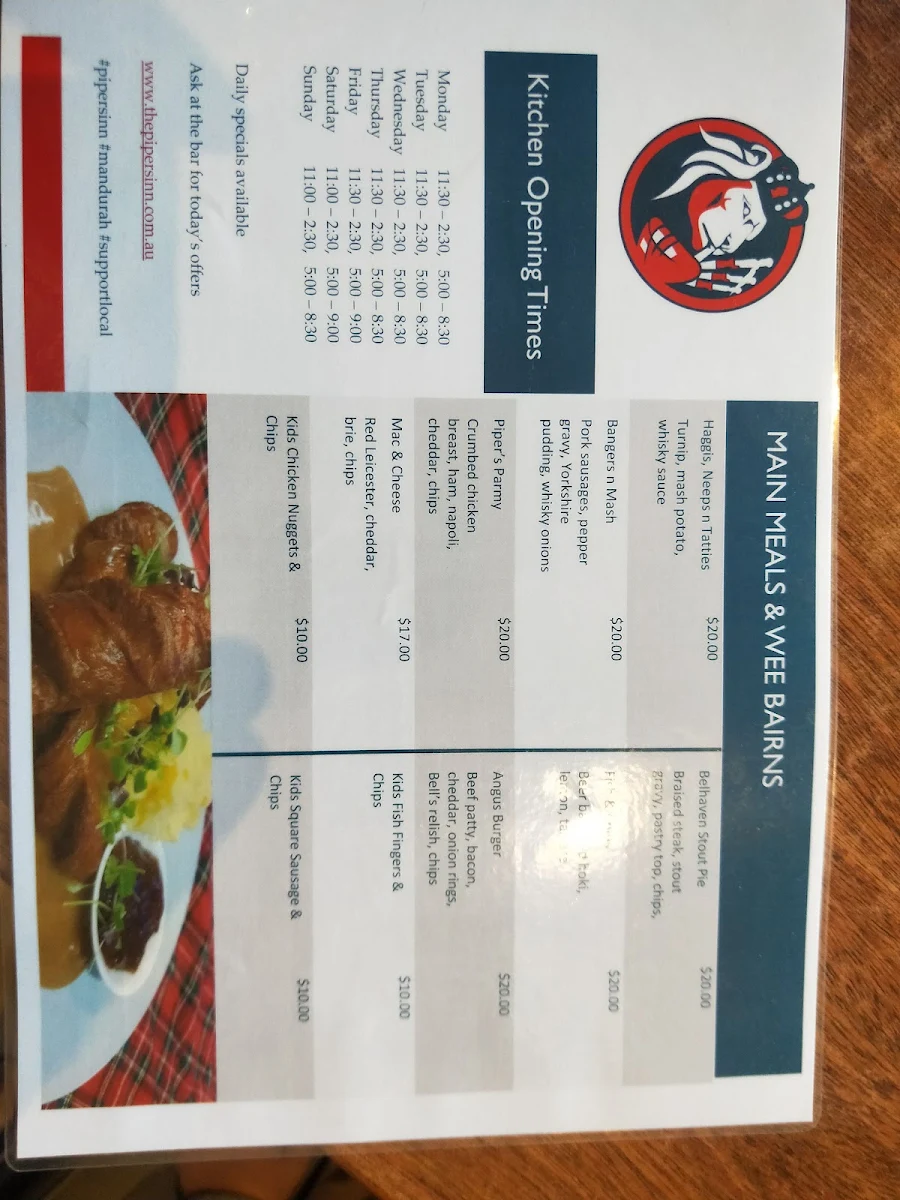 Menu, The Pipers Inn