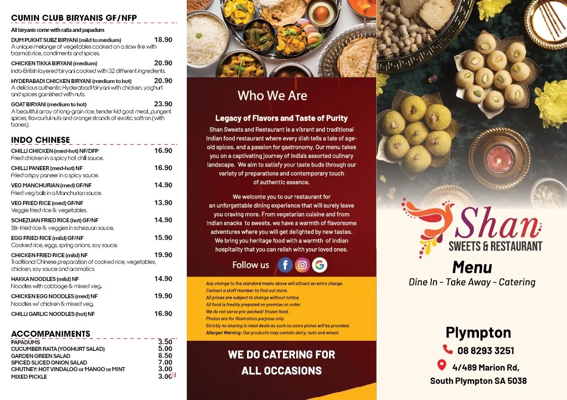Menu, Shan Sweets And Restaurant (Richmond)