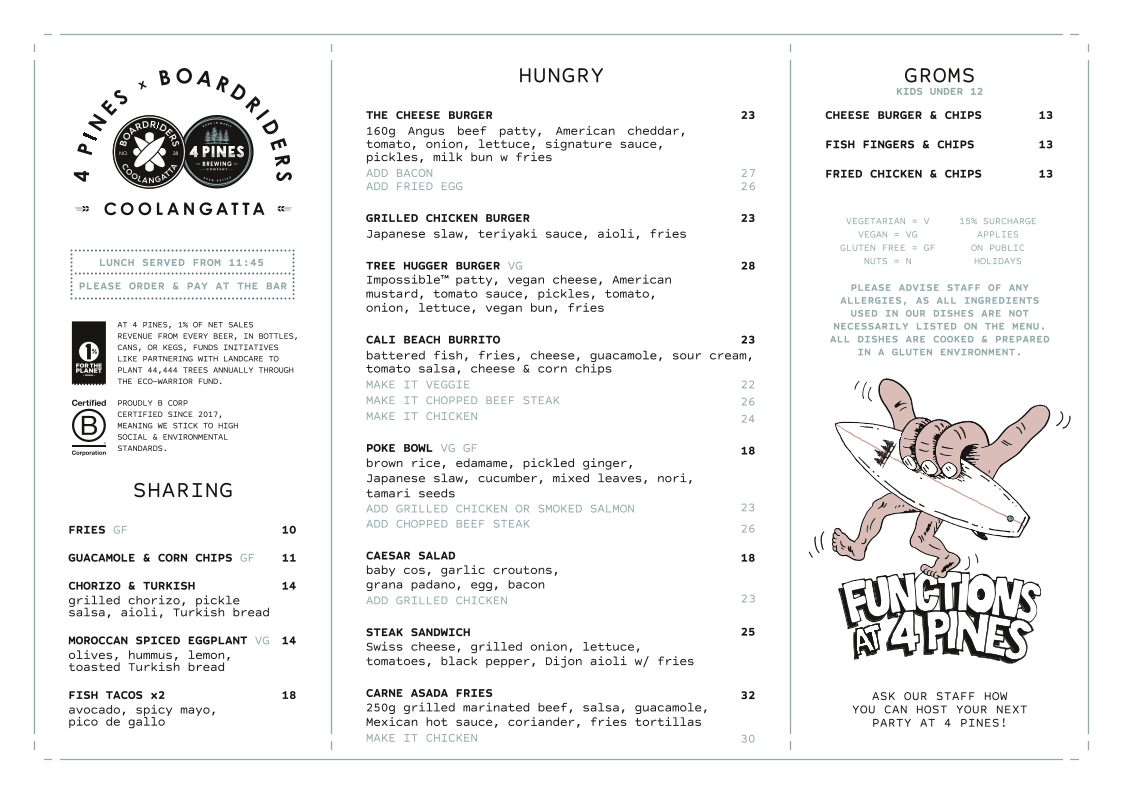 Menu, 4 Pines x Boardriders Coolangatta