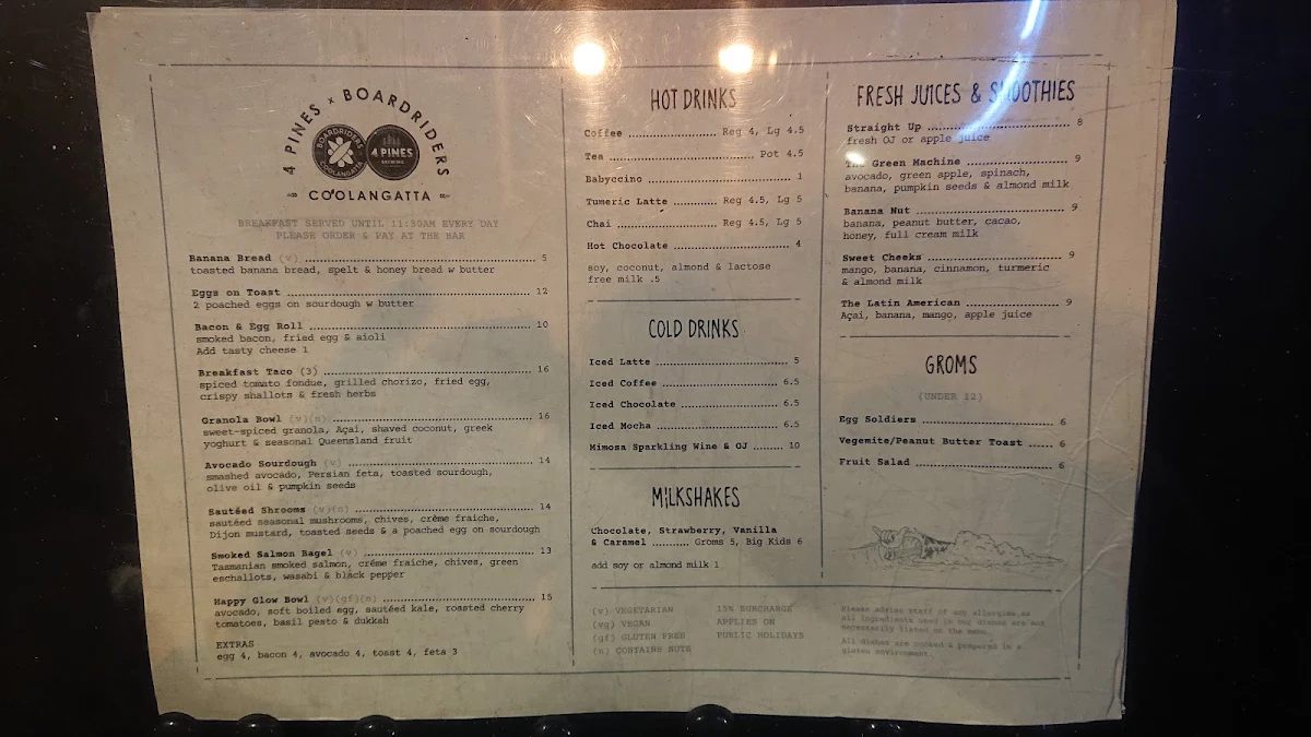 Menu, 4 Pines x Boardriders Coolangatta