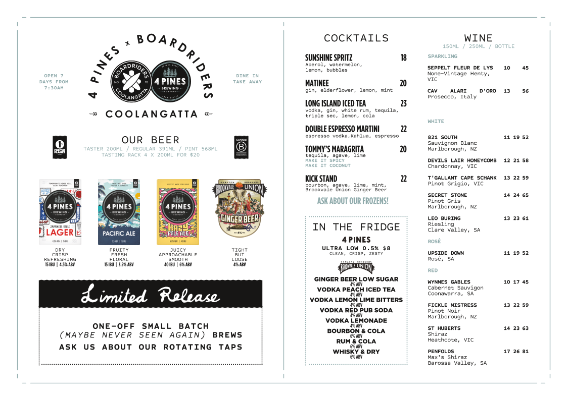 Menu, 4 Pines x Boardriders Coolangatta