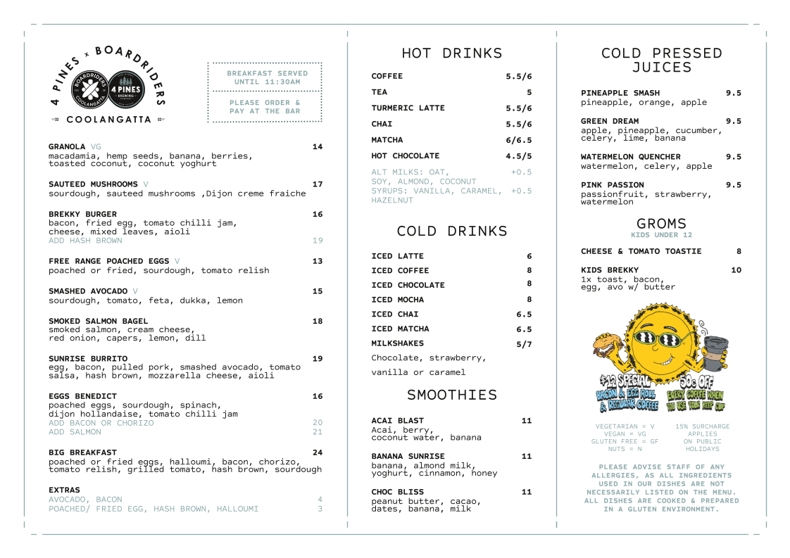 Menu, 4 Pines x Boardriders Coolangatta