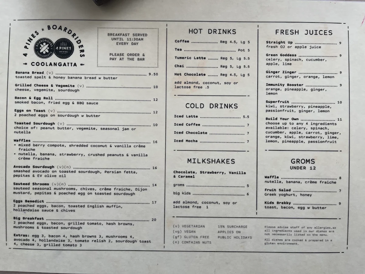 Menu, 4 Pines x Boardriders Coolangatta