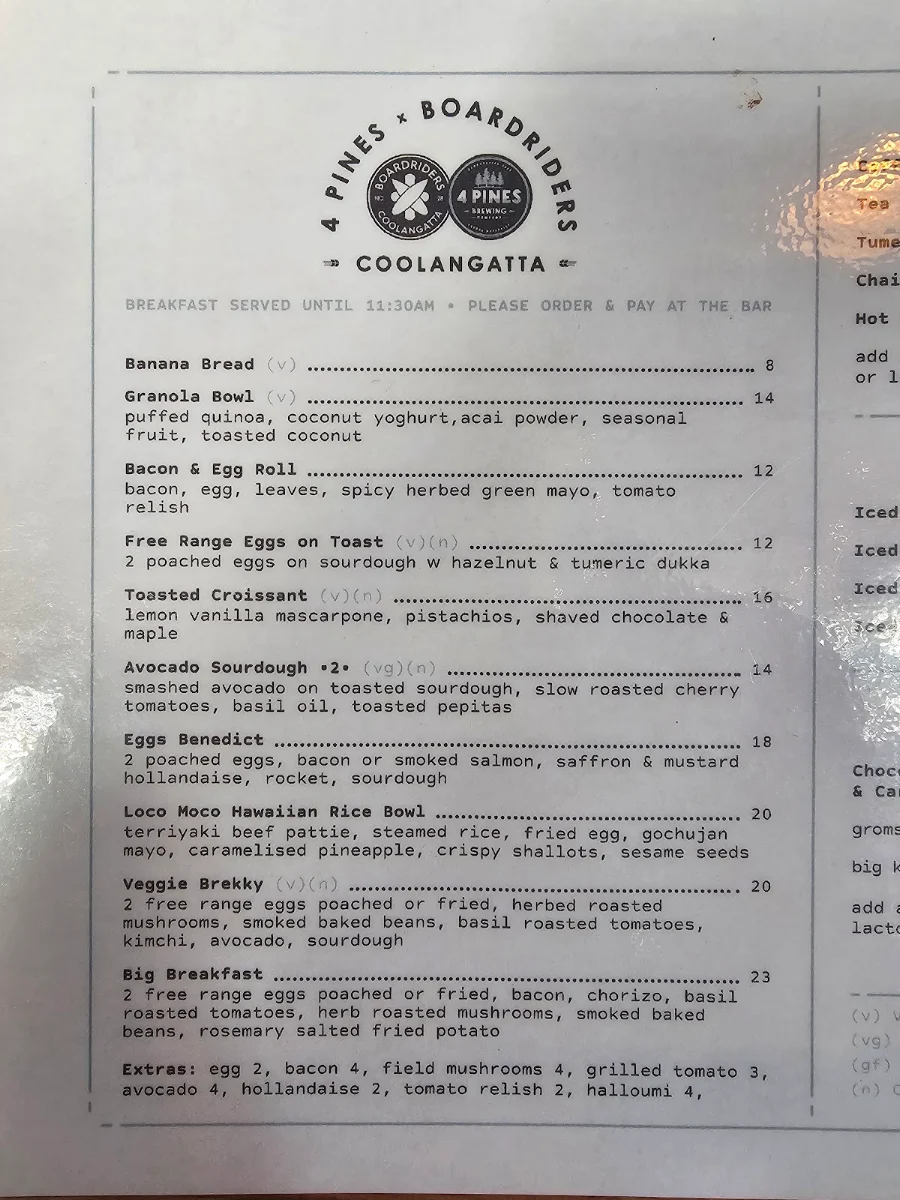Menu, 4 Pines x Boardriders Coolangatta