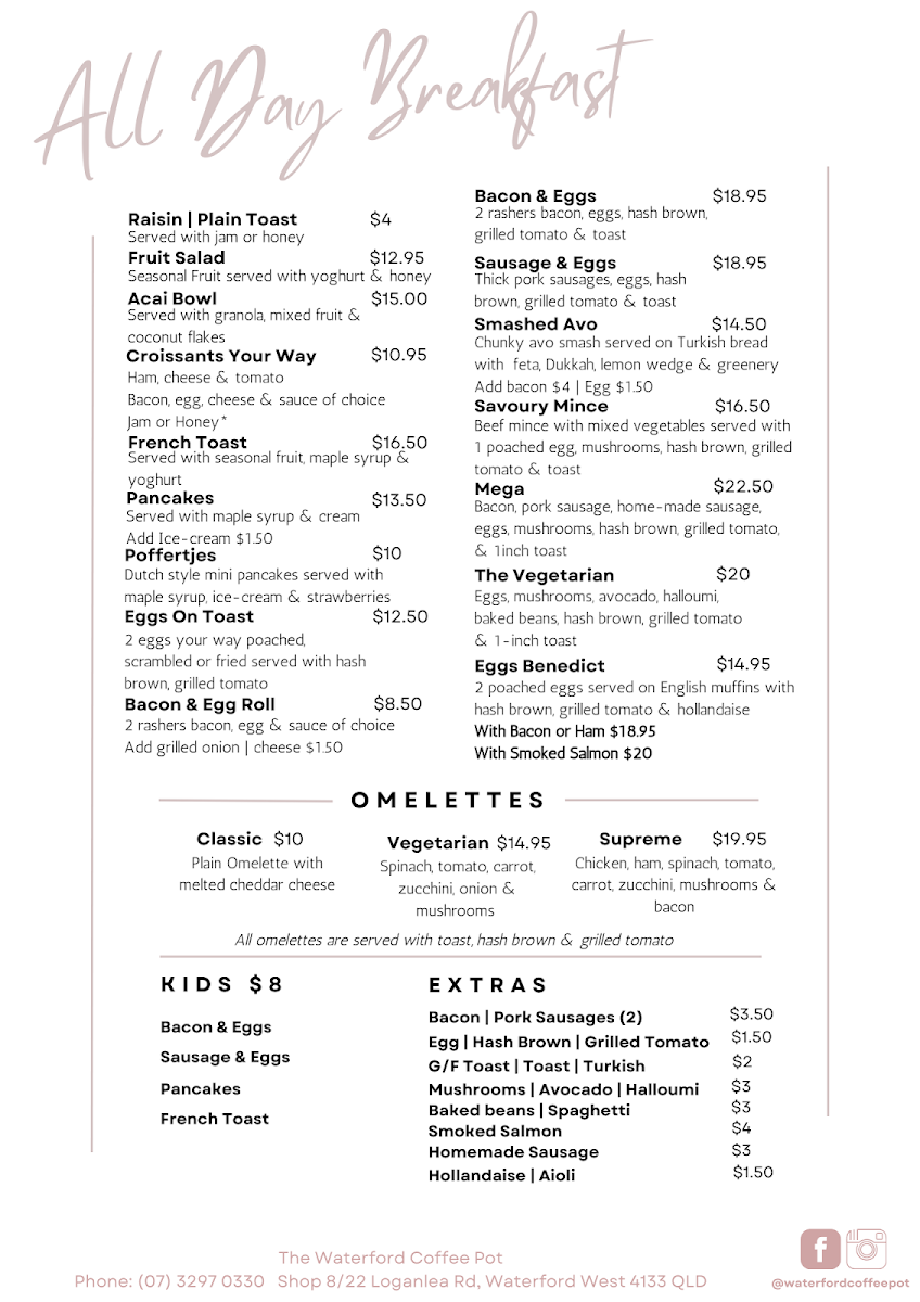Menu, The Waterford Coffee Pot
