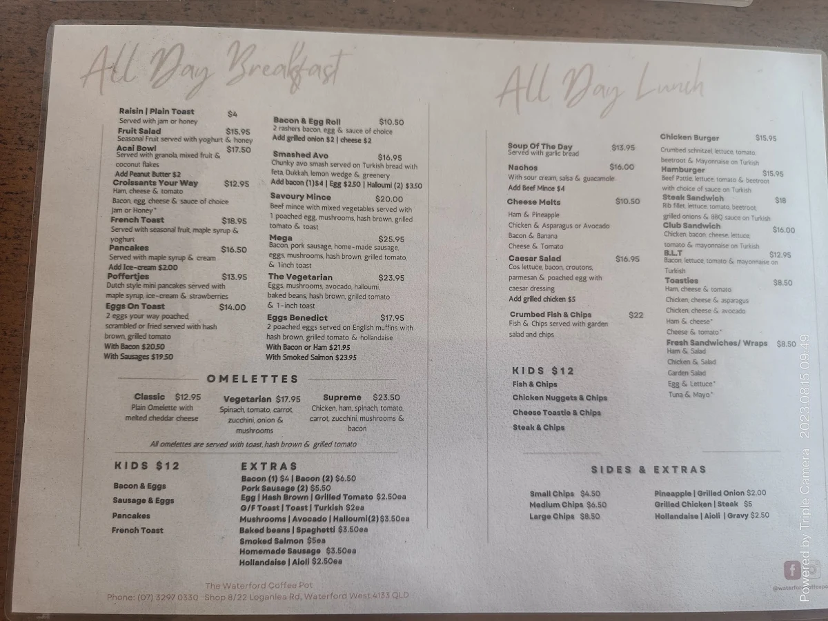 Menu, The Waterford Coffee Pot