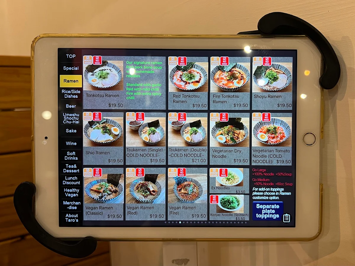 Menu, Taro's Ramen